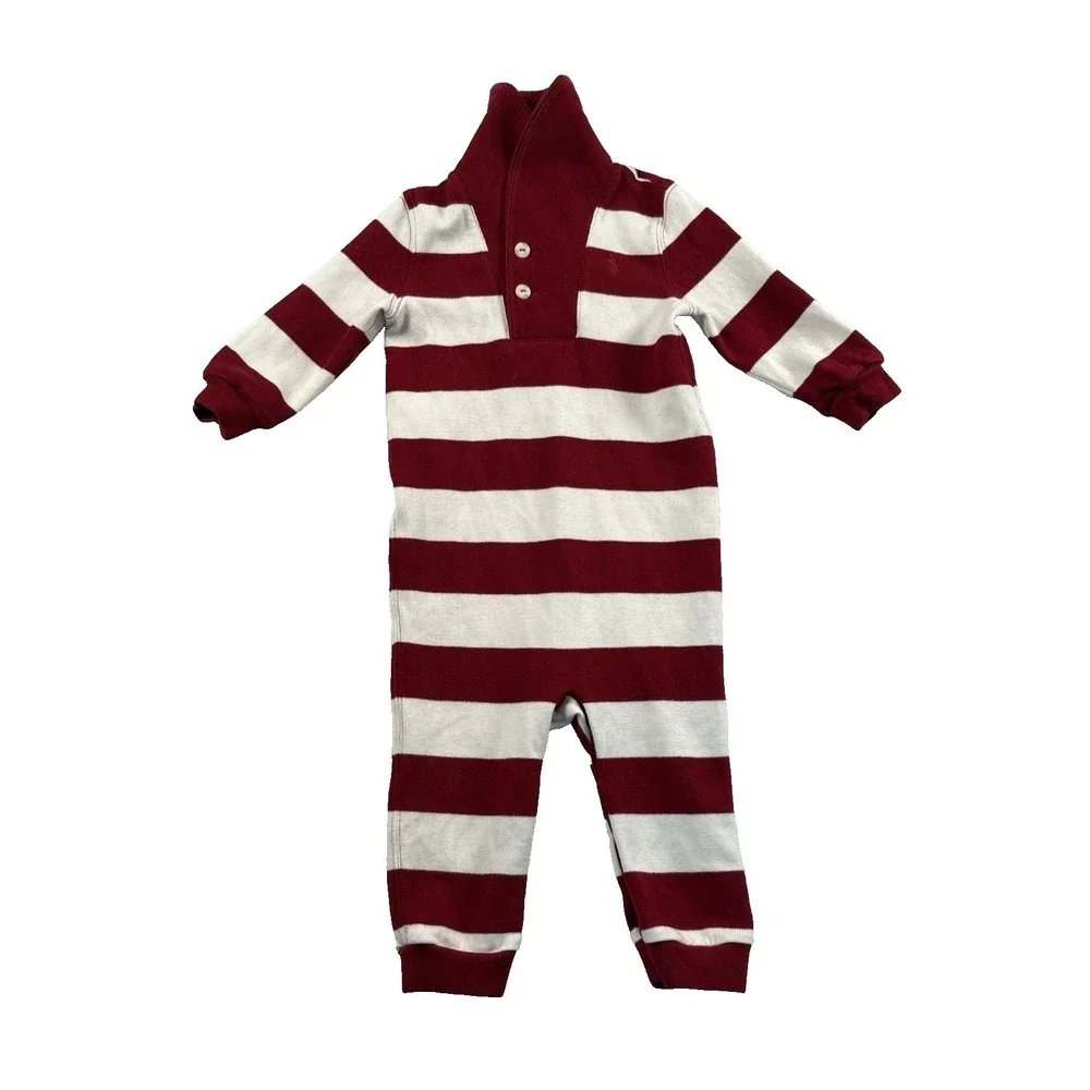 Ralph Lauren Baby Romper 12 Months Rugby Stripe Shawl Collar Red White Snap Legs